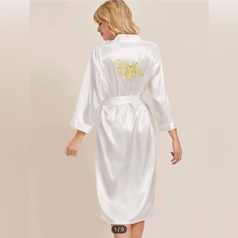 White Bride or Bride-to-Be Satin Robe with Gold Embroidery and Matching Belt